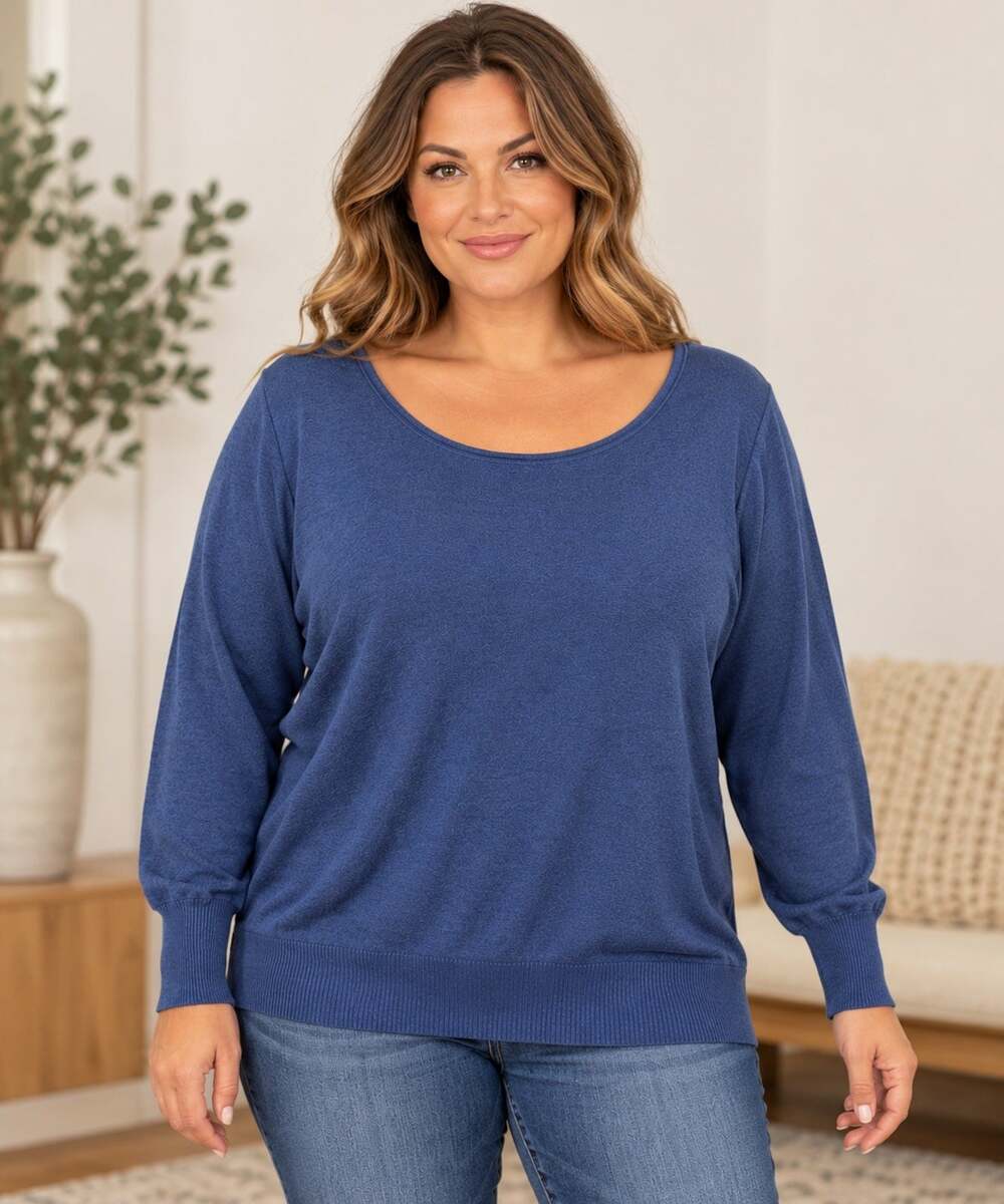 a.n.a. Womens 1X Blue Scoop Neck Knit Pullover Sweater Long Sleeve Casual EUC